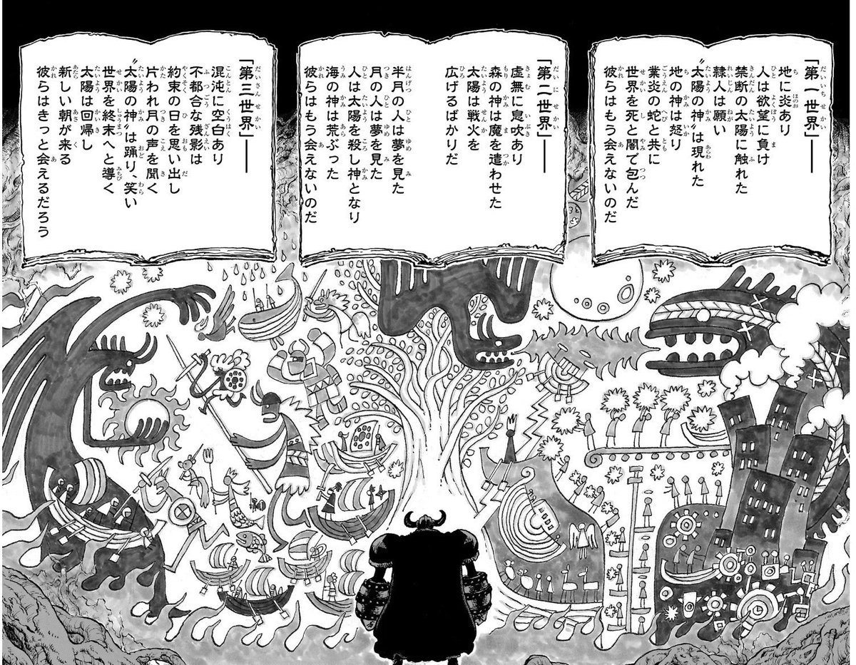 mahotukai_kiri's tweet photo. #今週のワンピ

空白の100年
・戦さ神＆鉄雷と太陽の神(ジョイボーイ)が対立していた
・戦さ神はニーズホッグの能力を持っていた
・イムと戦さ神は仲間だった
・戦さ神はイムを裏切った
・その様子を見ていたエルバフの子供が壁画を描いた

・戦いの後にニーズホッグの実はエルバフに保管され相応しい者が現れるまで鉄雷が守護した