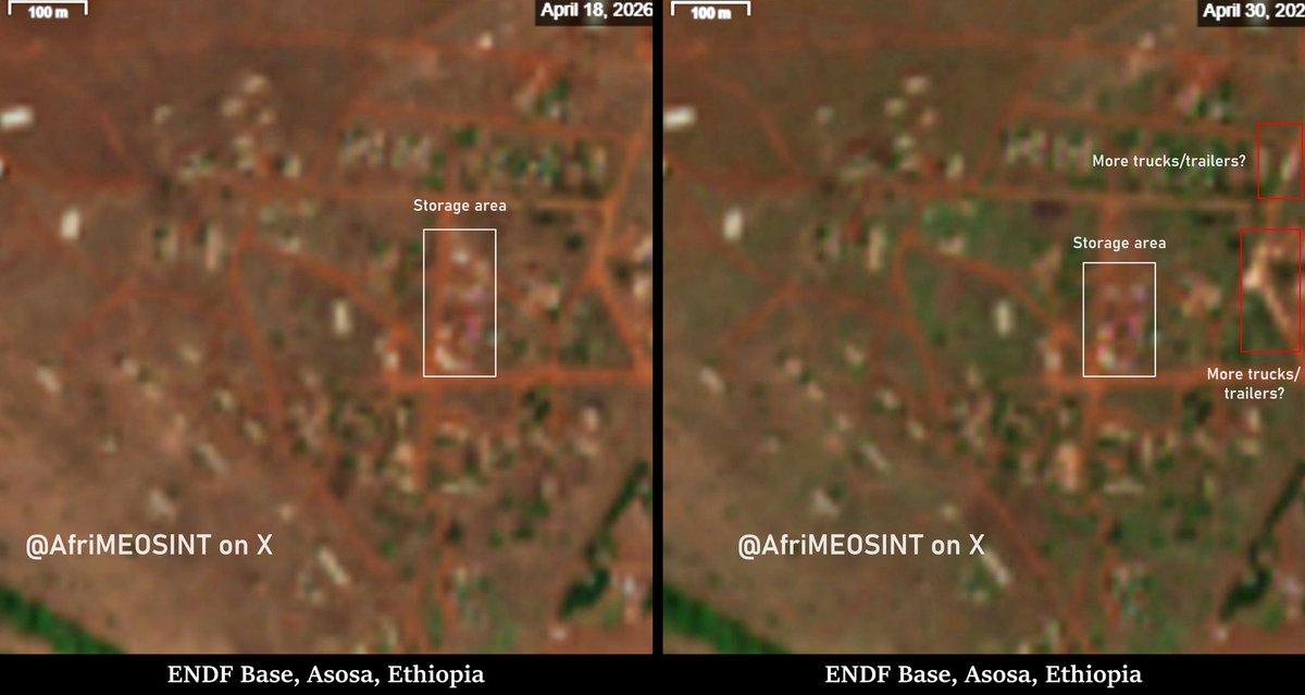 AfriMEOSINT's tweet photo. More supplies (technical vehicles?), appear to have arrived at the ENDF base in Asosa, Benishangul region of Ethiopia 🇪🇹 by late April 2026. 

By month end, several white objects were seen moving within the base, though high-res imagery is needed to confirm their nature. https://t.co/Nj7fRGi8va