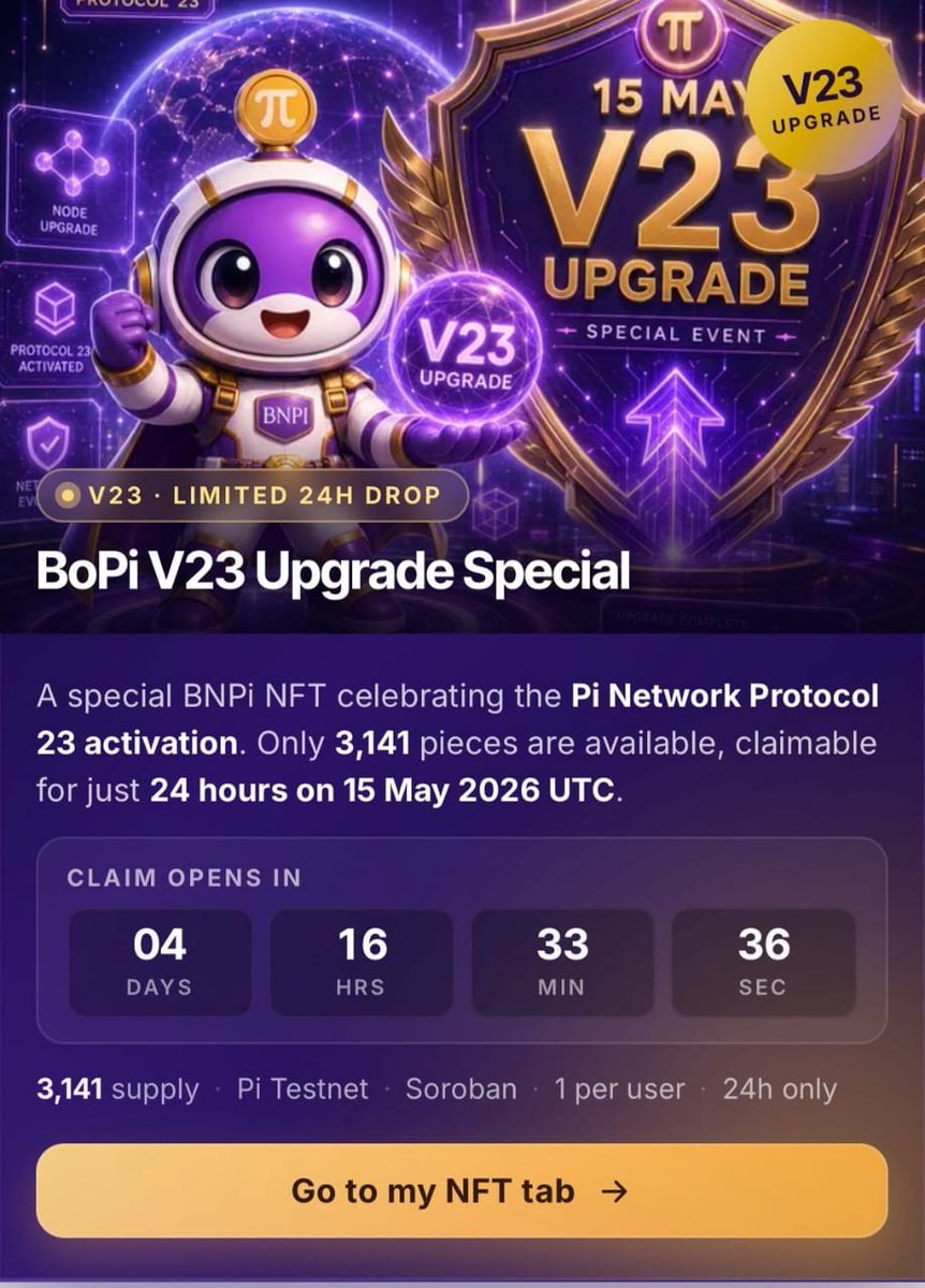 EliphadhiliB's tweet photo. 🚨 V23 UPGRADE + BoPi NFT DROP🔥
⚡ 3,141 NFTs only
⏳ 24h claim window
📅 May 15 UTC
👤 1 per Pioneer
The Pi Network ecosystem is evolving fast… and this NFT could become a historic collectible for early Pioneers. 💜🚀
Who’s claiming theirs? 👀
#PiNetwork #BNPi #NFT #V23Upgrade https://t.co/92bjrtBtaQ
