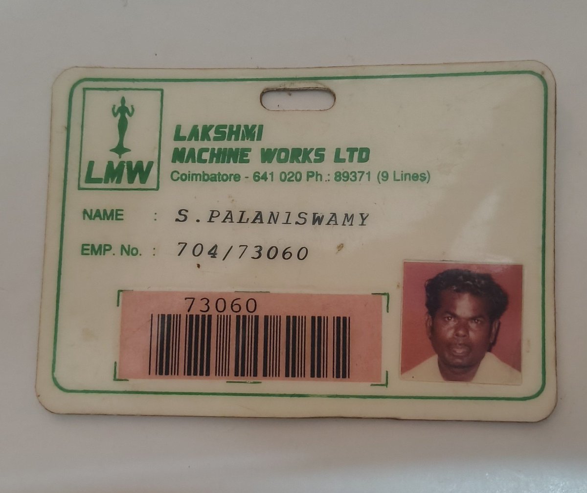 bsv_sk's tweet photo. Found my grandpa's ID in a house hunt. 

Legacy of the #LMW Coimbatore. 

#LakshmiMachineWorks #Coimbatore https://t.co/ThA0z2gRmy