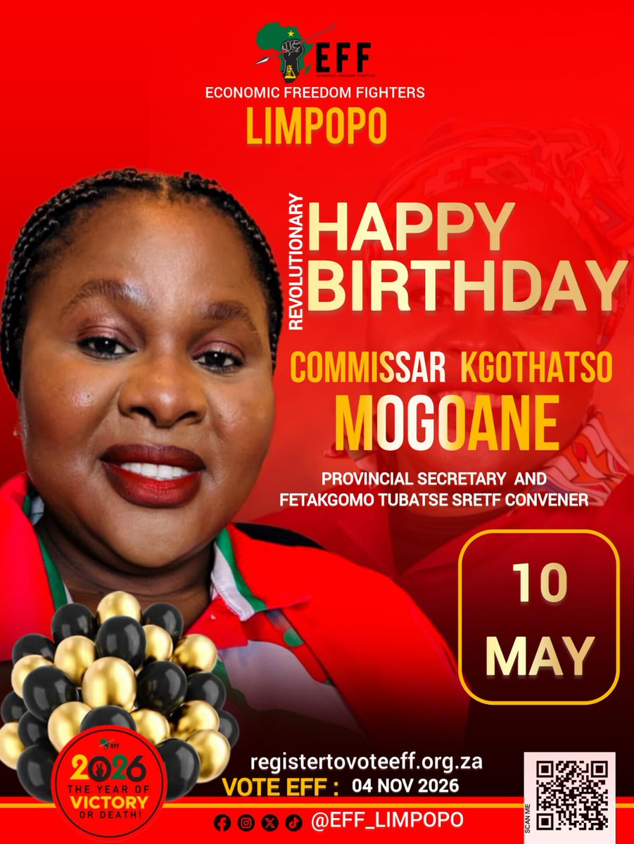 EFF_Limpopo's tweet photo. ♦️Birthday Alert♦️

The EFF Limpopo wishes Provincial Secretary Commissar Kgothatso Mogoane a revolutionary happy birthday.

We are grateful and motivated by your fortitude, courage and unwavering commitment to freedom and justice for all!

#registertovoteeff.org.za https://t.co/x5aMmO2TTQ