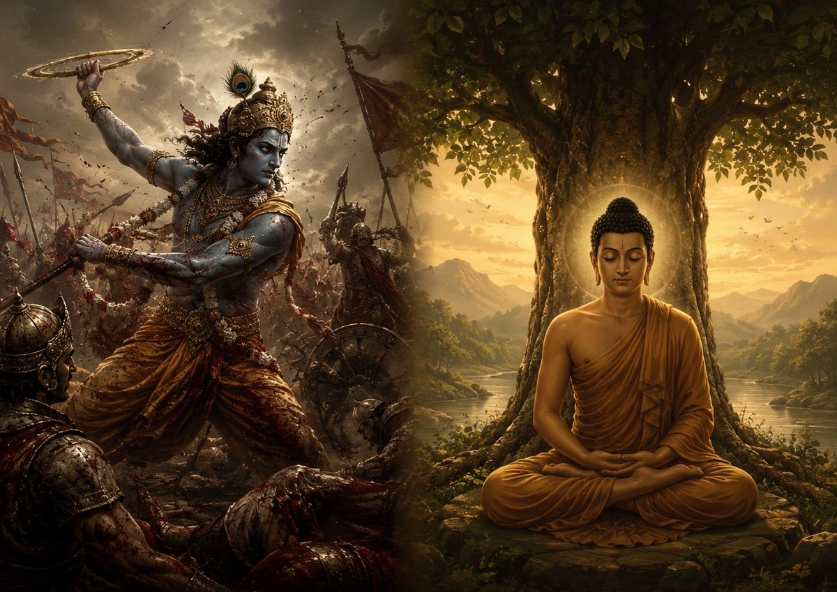 TheRathore3's tweet photo. They answered the stones with strength, not savagery.
Even in rage, Rajputs remember the line between justice and brutality.
One mind carries Krishna’s fury on the battlefield.
The other seeks Buddha’s silence within the soul.
That balance of fire and peace is the Rajput spirit. https://t.co/HJ16DPrAGW
