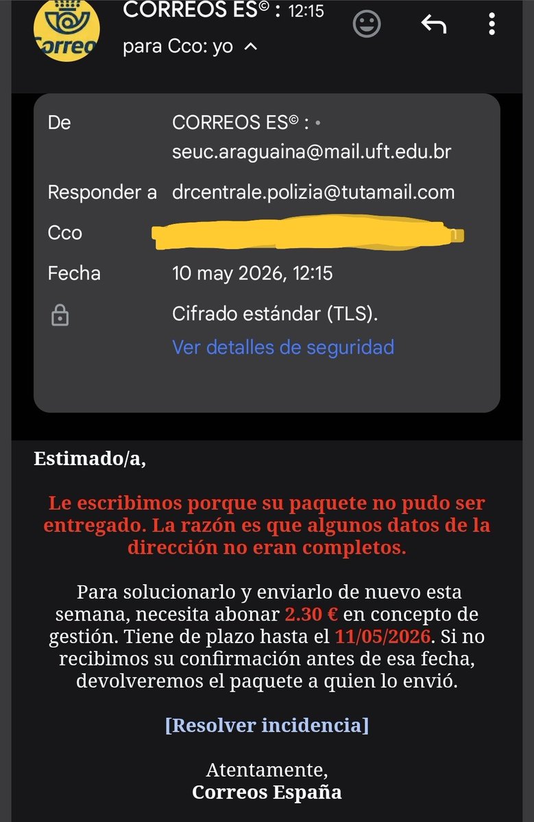 Mapilago's tweet photo. @Correos Cada vez que voy a recibir un paquete de Correos, me llega algun intento de estafa.
Que tipo de seguridad teneis con nuestros datos? NINGUNA.
@CorreosAtiende @Cex_responde https://t.co/DwM5XlzA81