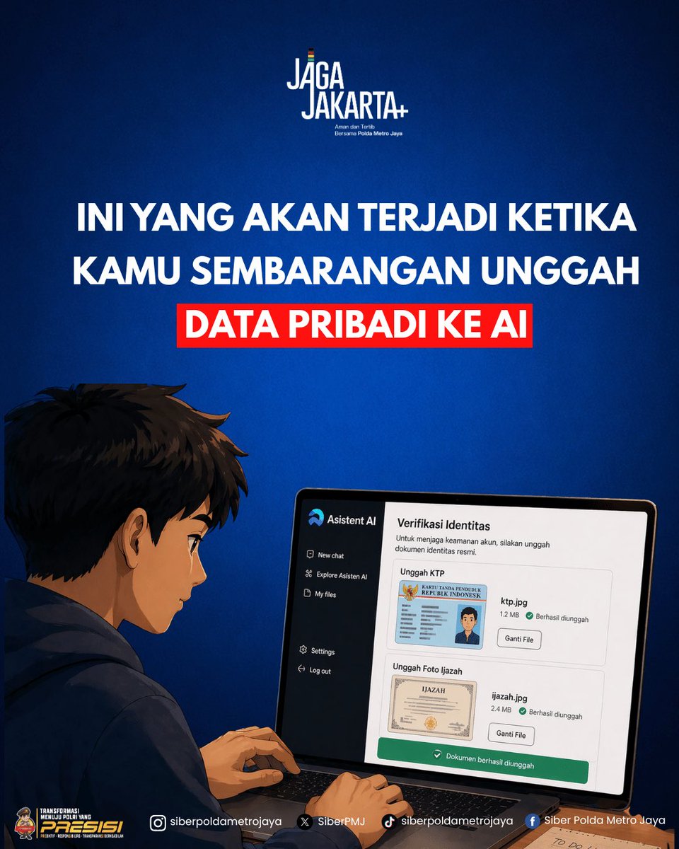 SiberPMJ's tweet photo. ⚠️ Jangan sembarangan input data pribadi ke AI.
KTP, NIK, paspor, foto, hingga lokasi bisa jadi celah kejahatan digital jika bocor. 🔓

Gunakan AI dengan bijak.
Lindungi privasi sebelum terlambat. 🔐

#JagaJakarta #CyberSecurity #KeamananDigital #AI #DataPribadi #SiberPMJ https://t.co/s1SOz4TNTg