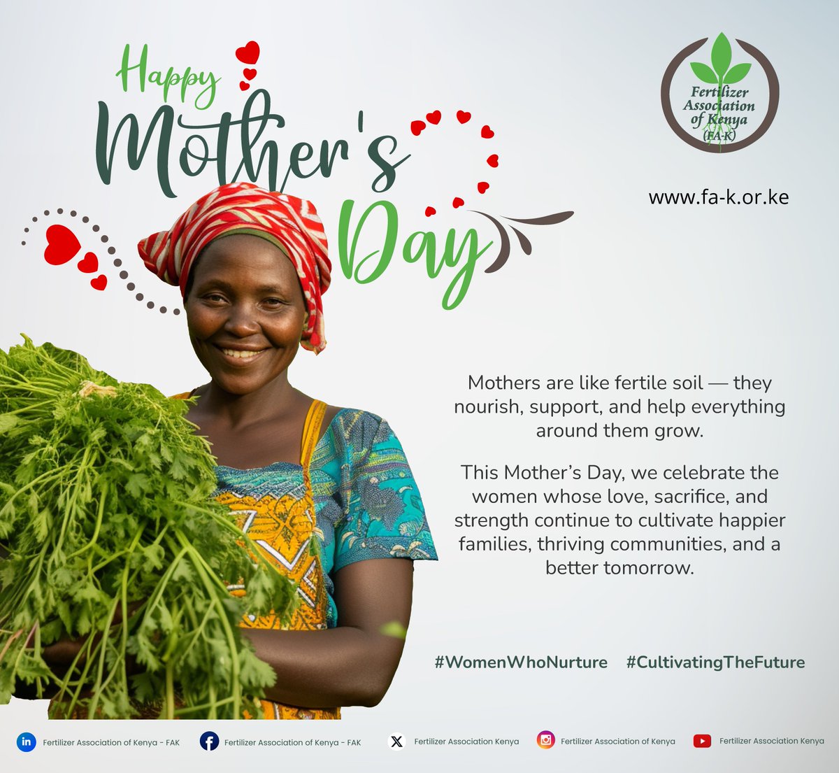 Fert_Assoc_Ke's tweet photo. Happy Mother’s Day 2026!

This Mother’s Day, we celebrate the women whose love, sacrifice, and strength continue to cultivate happier families, thriving communities, and a better tomorrow.

#WomenWhoNurture, #CultivatingTheFuture #FeedtheSoil, #FeedtheCrop #FeedtheNation #agsys https://t.co/h7isn0eaAG