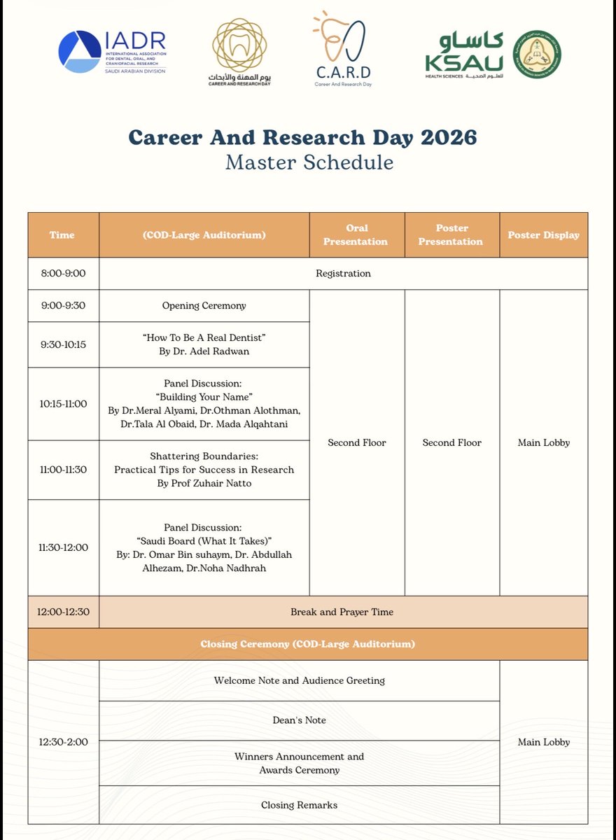 KSAU_HS_COD's tweet photo. Join us at the Career & Research Day 2026 (CARD 2026) at the College of Dentistry, KSAU-HS on Monday, May 11, 2026.

An exciting day of engaging lectures, research presentations, and a panel discussion bringing together students, faculty, and dental professionals to learn, connect, and explore future opportunities.

📍 College of Dentistry, KSAU-HS
📅 Monday, May 11, 2026

Register here:
https://t.co/wSzHQc5fRy