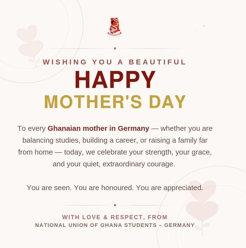nugsgermany's tweet photo. Today, we celebrate the strength, love, and quiet courage of Ghanaian mothers in Germany. Happy Mother’s Day 💐🇬🇭
#MothersDay #HappyMothersDay https://t.co/mqIO55oLTV