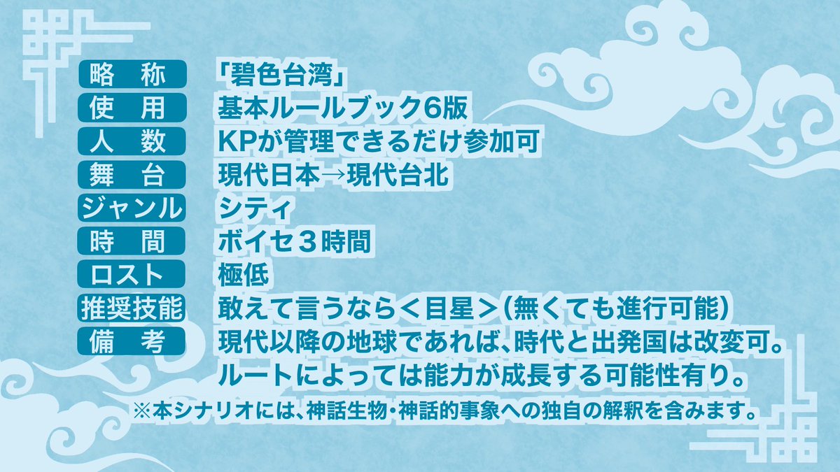 cresson_mdms's tweet photo. #クトゥルフ神話TRPG
「　碧色台湾珍道中　」

タイマン~何人でも/ボイセ3h/現代台北シティ

↓サンプル有↓
https://t.co/isx2INXxUw

フリマサイトからの手違いで届いたウボ=サスラの雛を故郷に帰しに台湾旅行するシナリオ。人数不問なので複数人の継続にオススメ。5/16(日)頒布予定！
#未知旅_告知 https://t.co/75rnMIF1Oi