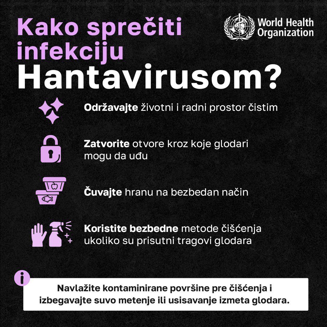 WHOSerbia's tweet photo. Evo šta treba da znate o hantavirusu: šta je, kako se prenosi, koji su simptomi i kako sprečiti infekciju! ☝🏼🦠

#hantavirus #virus #infekcija #zdravlje https://t.co/wqQEbG3cAG
