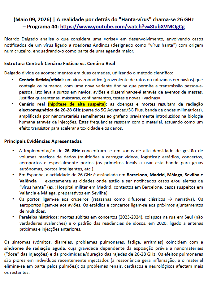 RestaurarPortug's tweet photo. A realidade por detrás do "vírus hanta" = 5G a 26 GHz
– Prog. 44 (Maio 09, 2026): https://t.co/3pbg8GBz2Z https://t.co/C4WJekPm0V