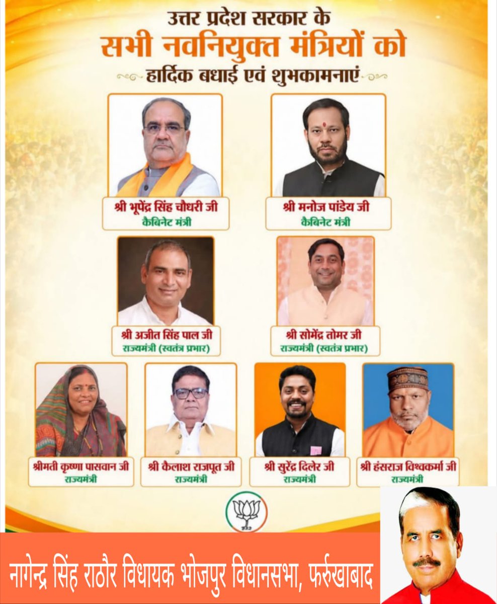 उत्तर प्रदेश सरकार में नव नियुक्त सभी माननीय मंत्रीगणों को हार्दिक बधाई एवं शुभकामनाएं।

आप सभी के नेतृत्व में प्रदेश विकास, सुशासन एवं जनकल्याण की नई ऊँचाइयों को प्राप्त करे, यही मंगलकामना है।

माननीय श्री भूपेंद्र सिंह चौधरी जी, श्री मनोज पाण्डेय जी, श्री अजीत सिंह पाल जी, श्री