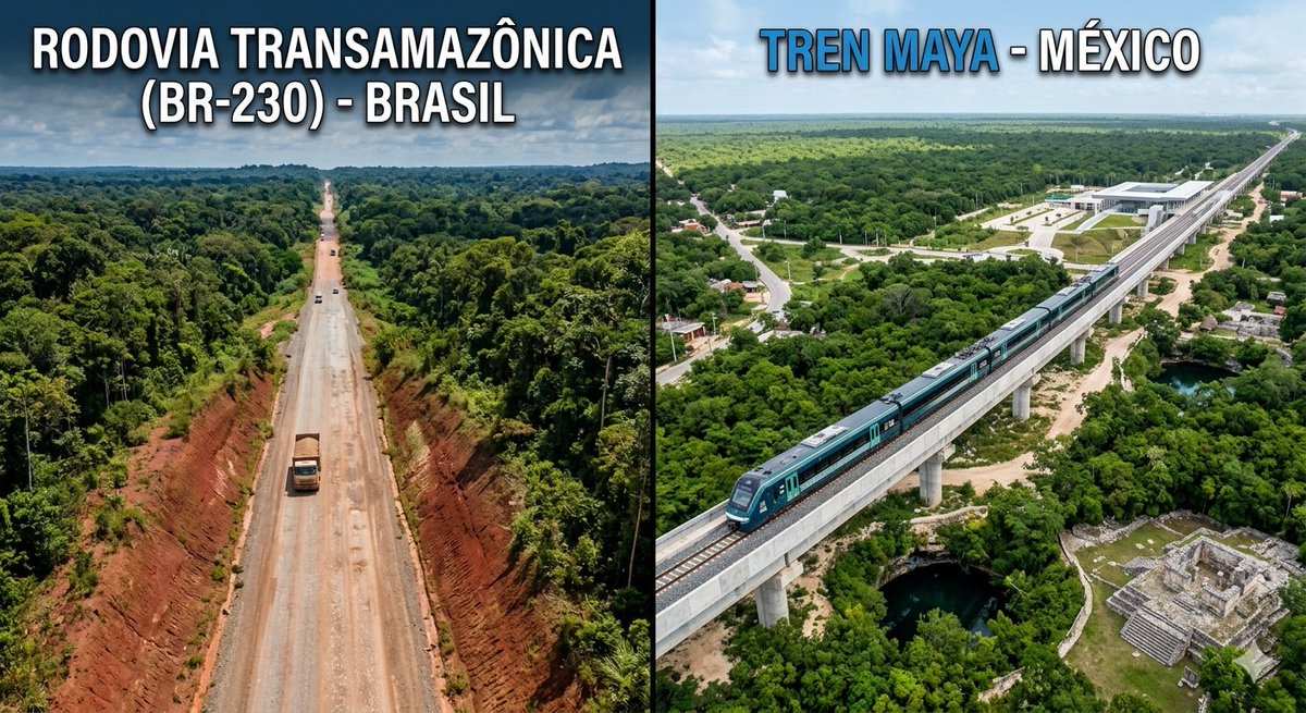 jhonatanalmada's tweet photo. Transamazônica x Tren Maya 

Ambas na floresta tropical.

A brasileira sem qualquer tecnologia, só jogou asfalto na terra sem considerar o tipo de solo, o regime climático e a inadequação do próprio asfalto. 

Resultado: Intrafegável. 

A mexicana com tecnologia aplicada juntando engenharia e humanidades, por cima da floresta com solução de transporte para o coletivo e integração do turismo. 

Resultado: Mobilidade e desenvolvimento.