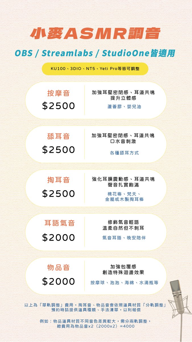 #小麥調音三週年 #2026全新上線
提供客製化服務，更細緻的唱歌效果

🌟放心開台，直播聲音交給我🌟
🎙️ 線上直播、唱歌、ASMR調音服務
🖥️ 支援Win Mac系統
🔔 適用YT、圖奇、各大直播APP

🎧 你的聲音，是觀眾留下來的理由
還在為直播聲音煩惱嗎？
底噪、爆音、聲音刺耳、音量忽大忽小……