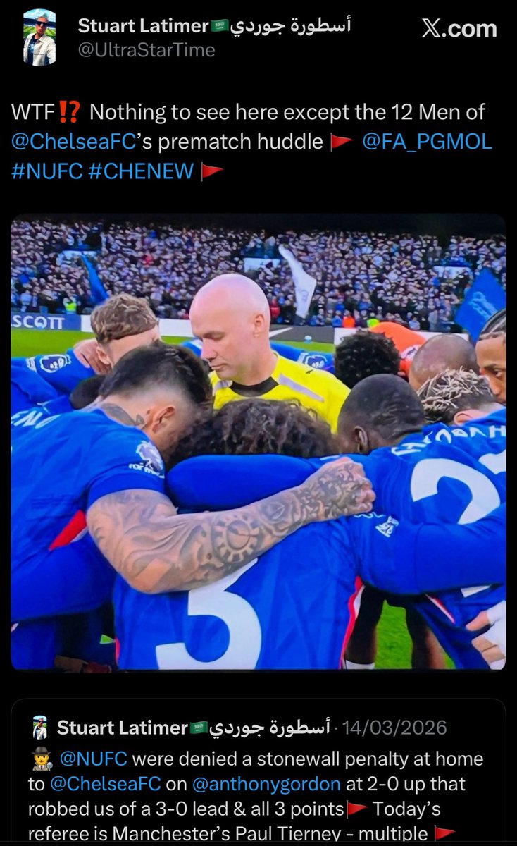 UltraStarTime's tweet photo. 🕵️‍♂️ Paul Tierney referees @NUFC’s game at @NFFC today, the official who joined in @ChelseaFC’s pre-match huddle in #NUFC’s 1-0 win &amp; turned down a stonewall penalty on Malick Thiaw &amp; also wrongly denied @elljanderson’s goal at Forest while a Magpie amid other #NOTNEW calamities 🚩 https://t.co/aW5NNaqqHv