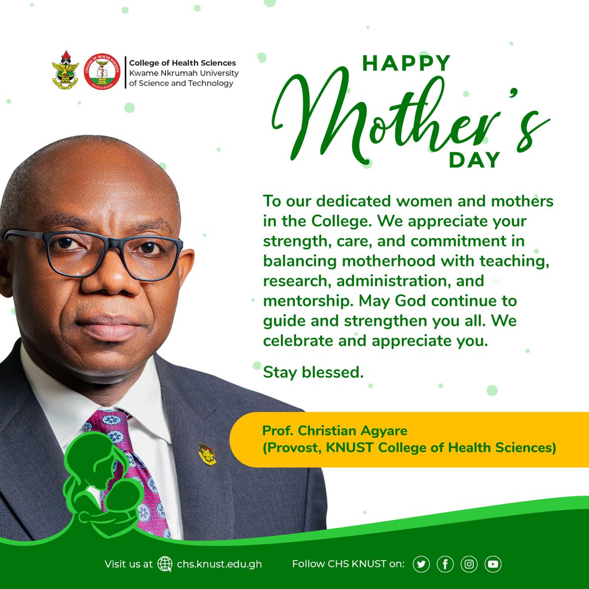 ChsKnust's tweet photo. Happy Mother’s Day to all the incredible women and mothers of the KNUST College of Health Sciences 💚

Your strength, care, and dedication to teaching, research, mentorship, and service inspire us every day. We celebrate and appreciate you all.

#MothersDay #CHSKNUST #KNUST https://t.co/LOI93L9nNi