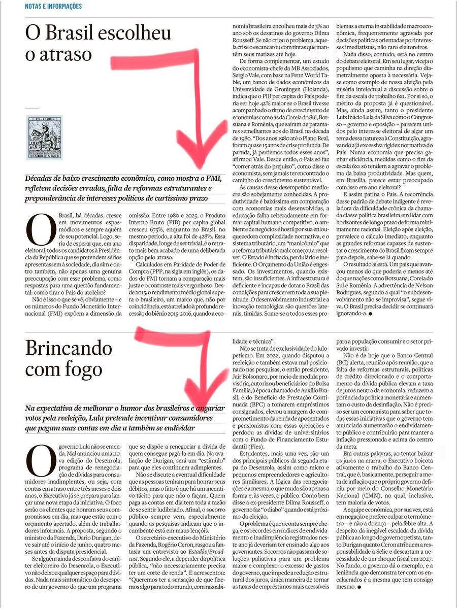 Jeffssss_'s tweet photo. O Brasil não escolheu o atraso por acidente. O Brasil construiu o atraso com método, com complacência institucional e com uma elite política que aprendeu a viver da confusão, da impunidade e do curto prazo. O editorial do Estadão acerta ao mostrar que décadas de baixo crescimento não são resultado de azar histórico. São consequência de decisões erradas, reformas abandonadas, produtividade baixa, Estado inchado, educação fraca, infraestrutura precária, ambiente de negócios hostil e um sistema político treinado para trocar futuro por sobrevivência eleitoral.

A frase de Nelson Rodrigues — “o subdesenvolvimento não se improvisa” — talvez seja a melhor síntese do Brasil. Para ficar tão para trás, foi preciso um esforço profissional. Não é obra de amador. Enquanto países como Coreia do Sul, Botsuana e Romênia avançaram, o Brasil ficou preso ao ciclo do improviso: mais gasto, mais imposto, mais dívida, mais burocracia, mais judicialização, mais privilégio e menos produtividade. Como diria Marcos Lisboa, destruir tanto potencial exige uma engrenagem sofisticada.

Essa engrenagem aparece no cotidiano em proporções quase obscenas. O cidadão comum paga imposto, enfrenta fila, buraco, insegurança, escola ruim, hospital ruim, aeroporto caro, justiça lenta e crédito sufocante. Enquanto isso, parte da elite política circula em jatinho, hotel de luxo, emenda parlamentar, estatal, banco público, gabinete e festa privada. O problema brasileiro não é apenas corrupção individual. É a transformação da máquina pública em instrumento de proteção, financiamento e impunidade para grupos organizados — políticos, empresariais, corporativos e, em muitos casos, criminosos.

É nesse ponto que o debate sobre PCC e Comando Vermelho se torna simbólico. Quando o presidente da República vai a Washington levando argumentos contra a classificação dessas facções como organizações terroristas, a mensagem política percebida por milhões de brasileiros é devastadora: o Estado parece mais preocupado em proteger a interpretação jurídica conveniente do que em afirmar, sem ambiguidade, que organizações criminosas armadas, transnacionais e violentas precisam ser tratadas como ameaça máxima à sociedade. O governo brasileiro sustenta que PCC e CV devem ser tratados como organizações criminosas, não terroristas, e cita riscos de soberania; mas, no plano político, a crítica é inevitável: essa posição beneficia objetivamente as próprias facções. A Reuters já havia noticiado que os EUA pressionavam por uma classificação mais dura de PCC e CV, enquanto o Brasil resistia a essa mudança.  ￼

A fala sobre “oferecer alternativas” a países produtores de coca entra no mesmo campo simbólico. Em tese, políticas de substituição econômica podem fazer parte de estratégias internacionais contra drogas. Mas, em um país dominado por facções, milícias, corrupção e impunidade, a prioridade moral do discurso público deveria ser outra: defesa da lei, punição do crime organizado, rastreamento do dinheiro, bloqueio patrimonial, cooperação internacional e destruição das redes financeiras que sustentam o narcotráfico. Quando o discurso parece mais sensível ao produtor de coca do que ao cidadão sequestrado pela violência urbana, a inversão moral fica escancarada.

O mesmo padrão aparece no Desenrola e em outros programas de renegociação. O Desenrola original renegociou cerca de R$ 53 bilhões em dívidas e beneficiou aproximadamente 15 milhões de pessoas; o Novo Desenrola Brasil, anunciado em 2026, prevê descontos de até 90%, prazo de até 4 anos e juros reduzidos.  ￼ Isso pode aliviar a dor imediata de famílias endividadas. Mas não muda a causa estrutural do problema. Sem crescimento, produtividade, renda, educação financeira, juros menores, emprego qualificado e estabilidade econômica, programas assim viram enxugamento de gelo com carimbo eleitoral.

1/2➡️