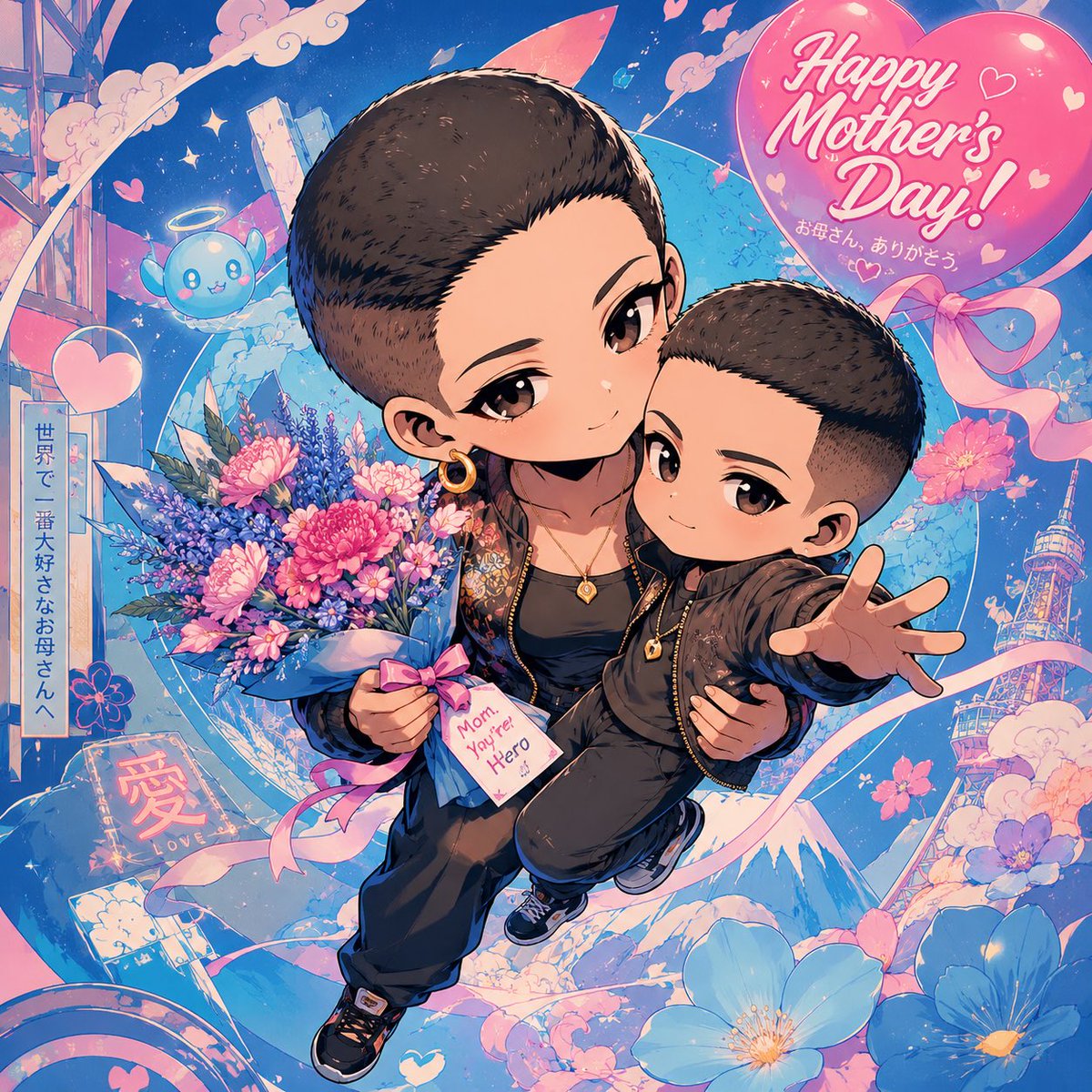 AI 生图提示词:Generate a square-format illustration featuring a wholesome Mother’s Day themed