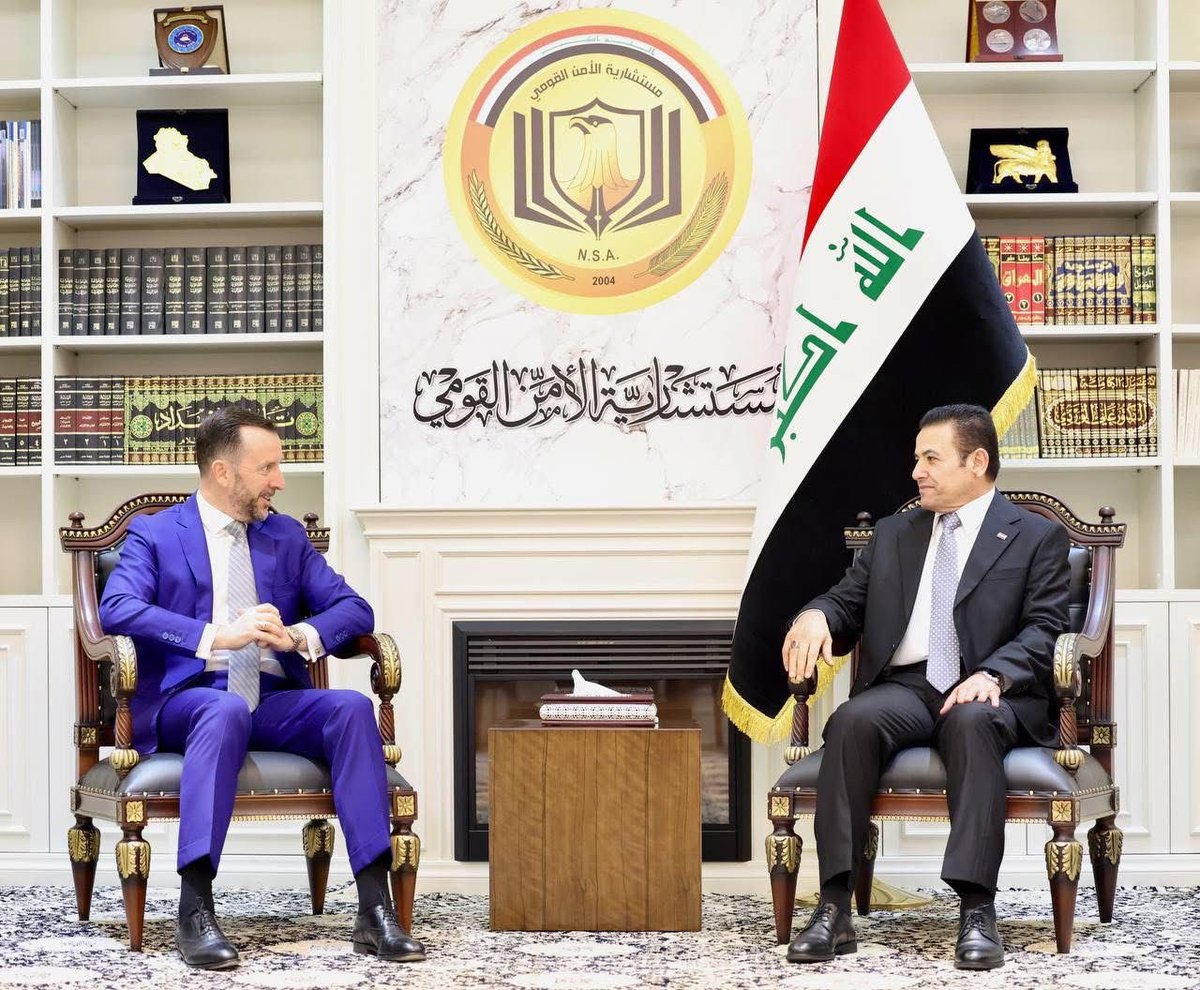 ItalyinIraq's tweet photo. 🇮🇹 🤝 🇮🇶 Amb. @niccoloffontana met with NSA @qassimalaraji to discuss the latest developments in Iraq and the region and to strengthen bilateral cooperation in the security sector. 🇮🇹 stands beside 🇮🇶 Armed and Security forces to preserve peace and stability. https://t.co/vvr8fKGUpT