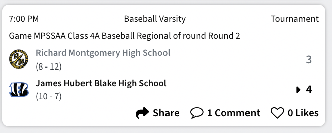 MoCoBaseballLog's tweet photo. 4A North II recap ⬇️

Second time this season Blake vs. RM went to extras! Outstanding pitcher’s duel between Isaac Blinkoff and Donovan Ford. Braden Armes great in relief. Bengals walk it off on a passed ball. https://t.co/7wg4aiOOqo