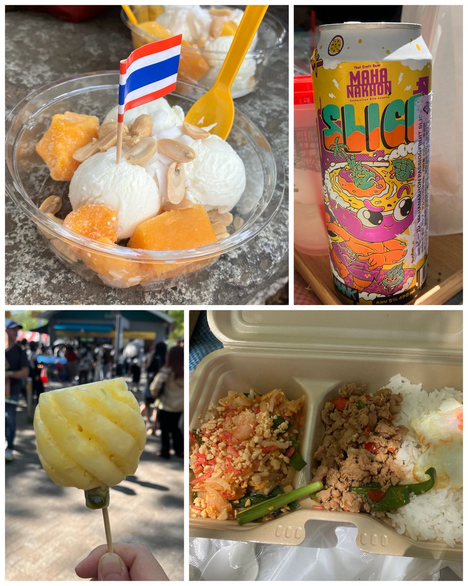 ueeeno's tweet photo. 5/9 タイフェス備忘録。マンゴーは早くから長蛇の列で、いつもの店で買えなかった。写真にないのは、チャトラムーのミルクティーとバッグ、シンハービール。他国フェスのステージと違って有名人が来ているそうで、とにかく混雑。 https://t.co/WPpyXWCsIr