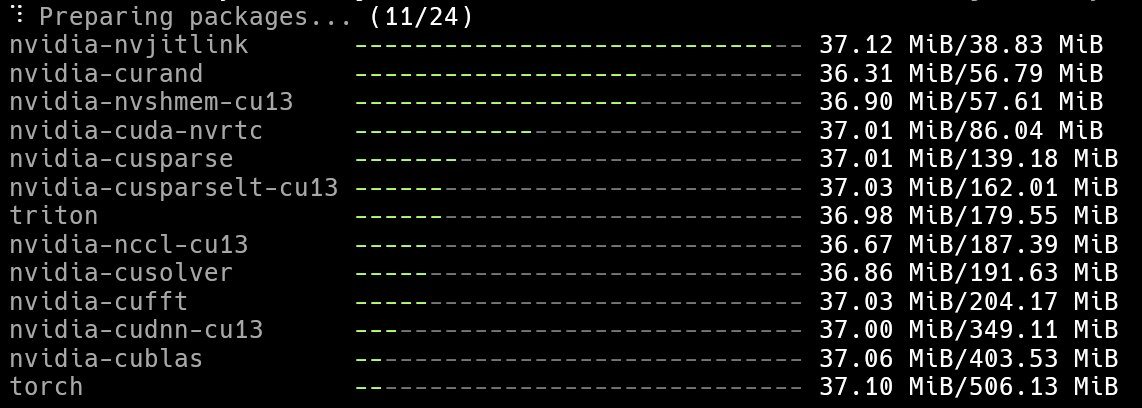 remain_urus's tweet photo. My favorite part of working with CUDA locally is downloading gigabytes of libs at 200kb/s https://t.co/pv4vNhpZWa