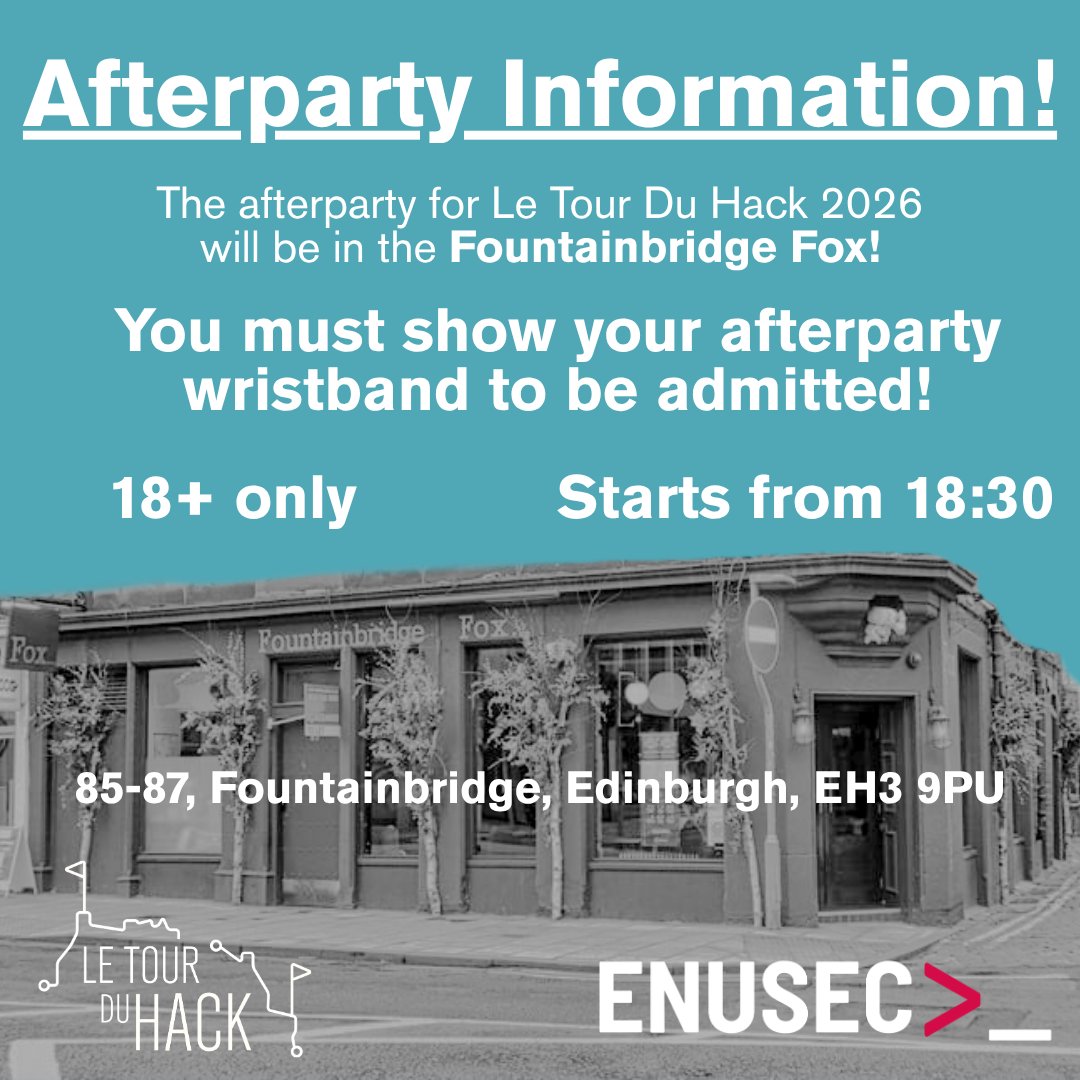 enusec's tweet photo. Here's all the information you'll need for the Le Tour Du Hack 2026 afterparty!

Tickets are still available at https://t.co/7QLTvSIjvX while stocks last!

@EdinburghNapier
@EdNapierSCEBE
@rjmacfarlane
@billatnapier
@BasilonCyber https://t.co/i1CCY8YID3