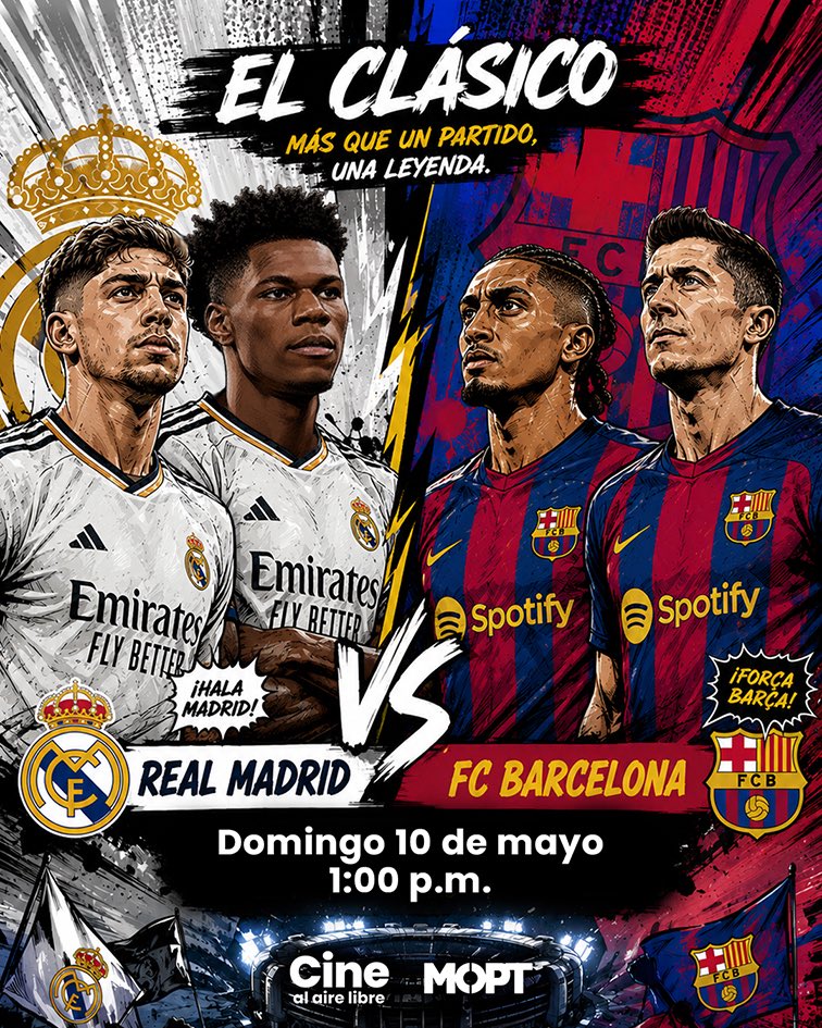 ObrasPublicasSV's tweet photo. Estamos listos en los cines al aire libre para brindarte las emociones que se vivirán con la transmisión en vivo de El Clásico que tendremos hoy domingo 10 de mayo, a la 1:00 p.m.⚽️🏟️  

Barcelona y Real Madrid ya están listos para dar lo mejor. https://t.co/BQfAszrVMM