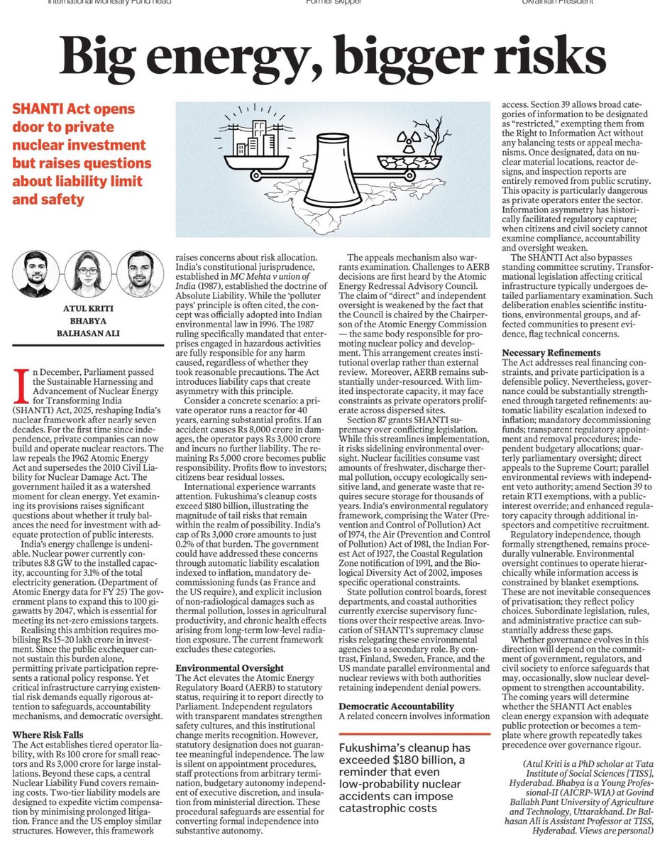 Rajmalhotrachd's tweet photo. 📌 Why in News? What is Shanti Act , 2025 

SHANTI Act, 2025 (Sustainable Harnessing and Advancement of Nuclear Act), which opens India’s nuclear energy sector to private participation for the first time, while modifying liability and regulatory frameworks.

Save , bookmark and retweet , recently asked im many exams 😊