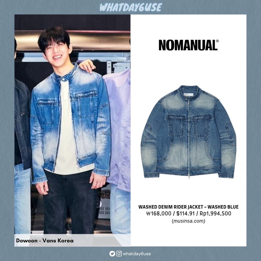 whatday6use's tweet photo. 🐶 Dowoon - Vans Korea

NOMANUAL - WASHED DENIM RIDER JACKET - WASHED BLUE
￦168,000
🛒 https://t.co/lzxCMeoPpN
🛒 https://t.co/yibBb3ZiGo

#DAY6 #데이식스 #DOWOON #도운 #WhatDowoonUses #Dowoon_NOMANUAL https://t.co/lCxJhB3dcE
