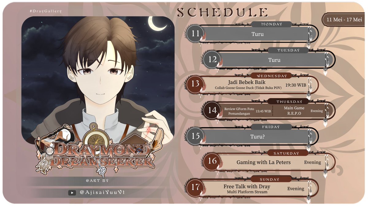 draydseeker's tweet photo. Hi Guys 👋

Ini schedule untuk 11–17 Mei ya…
Aku ada buka gform submission jepretan pemandangan dari kalian untuk hari Kamis, silakan isi jika berkenan hehe…
https://t.co/BnmPTpUVnz

General: #draydseeker
Live: #DrayOnAir
Clip: #DrayClips
FanArt: #DrayGallery
Meme: #DrayMeme https://t.co/O1yp07MuTe