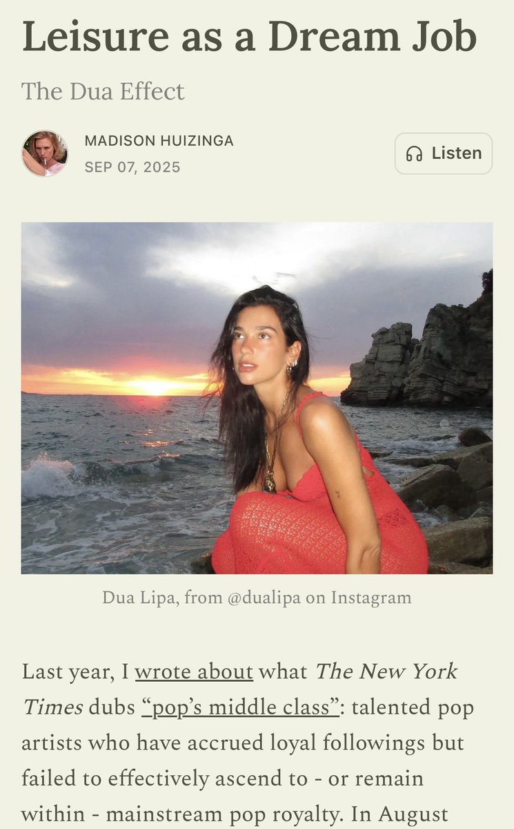 This is a great article on Dua Lipa’s unique position as a modern popstar that actually lives her life the way we all want to by pursuing artistic freedom and literary fluency with her books and Service95 newsletter, while travelling the world and exploring culture and activism.