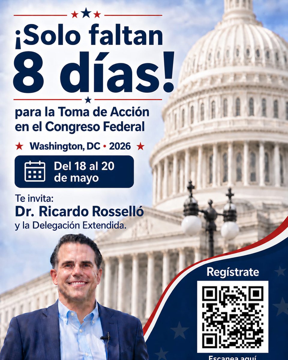 FuerzaDPueblo's tweet photo. Hoy es DOMINGO 10 de MAYO
SOLO FALTAN 8 DIAS para #LaTomaDeAccionEnElCONGRESO

🗓️MAYO 18,19,20
📍 WASHINGTON DC

#EmpujaEstadista

REGISTRATE PARA 
ASISTIR A LA TOMA DEL CONGRESO ⬇️
https://t.co/i81dHmUlgB

#Estadidad🇺🇸🇵🇷 con la @FuerzaDPueblo  
 
@delegates51 🇵🇷 #OperacionJERICO https://t.co/yrgHkHlvKy