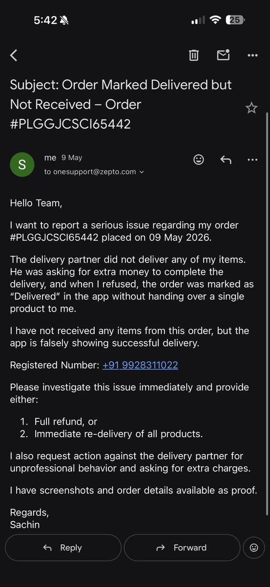 Sachincrazyvlog's tweet photo. Very disappointed with @ZeptoNow service.
My order #PLGGJCSCI65442 was marked as delivered but I didn’t receive a single item. The delivery partner was asking for extra money, and after refusing, the order was falsely marked delivered.
The worst part is Zepto’s support system. No https://t.co/0YHI3ey7rh