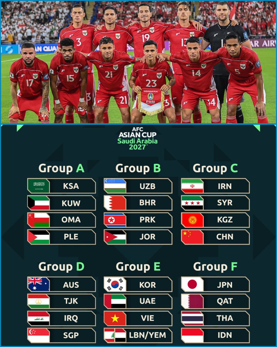 Jadwal Timnas Indonesia di Piala Asia 2027 Arab Saudi 🇸🇦

Hak Siar: MNC Group

🇯🇵 Jepang vs Indonesia 🇮🇩 
🗓 11 Januari 2027

🇮🇩 Indonesia vs Qatar 🇶🇦 
🗓 16 Januari 2027

🇹🇭 Thailand vs Indonesia 🇮🇩
🗓 20 Januari 2027

Juara Grup Lolos
Runner Up Lolos
4 Best 3rd Lolos

John