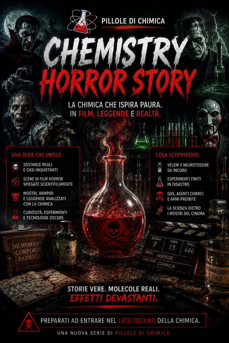 PChimica's tweet photo. ☠️🧪 Sta arrivando una nuova serie su Pillole di Chimica.

🎬 Horror, scienza e molecole reali si incontrano in:
🔥 CHEMISTRY HORROR STORY 🔥

Veleni, mostri, esperimenti e la chimica dietro gli incubi.

Perché il vero terrore… a volte è scientifico. #ChemistryHorrorStory https://t.co/ls5x6WtY67