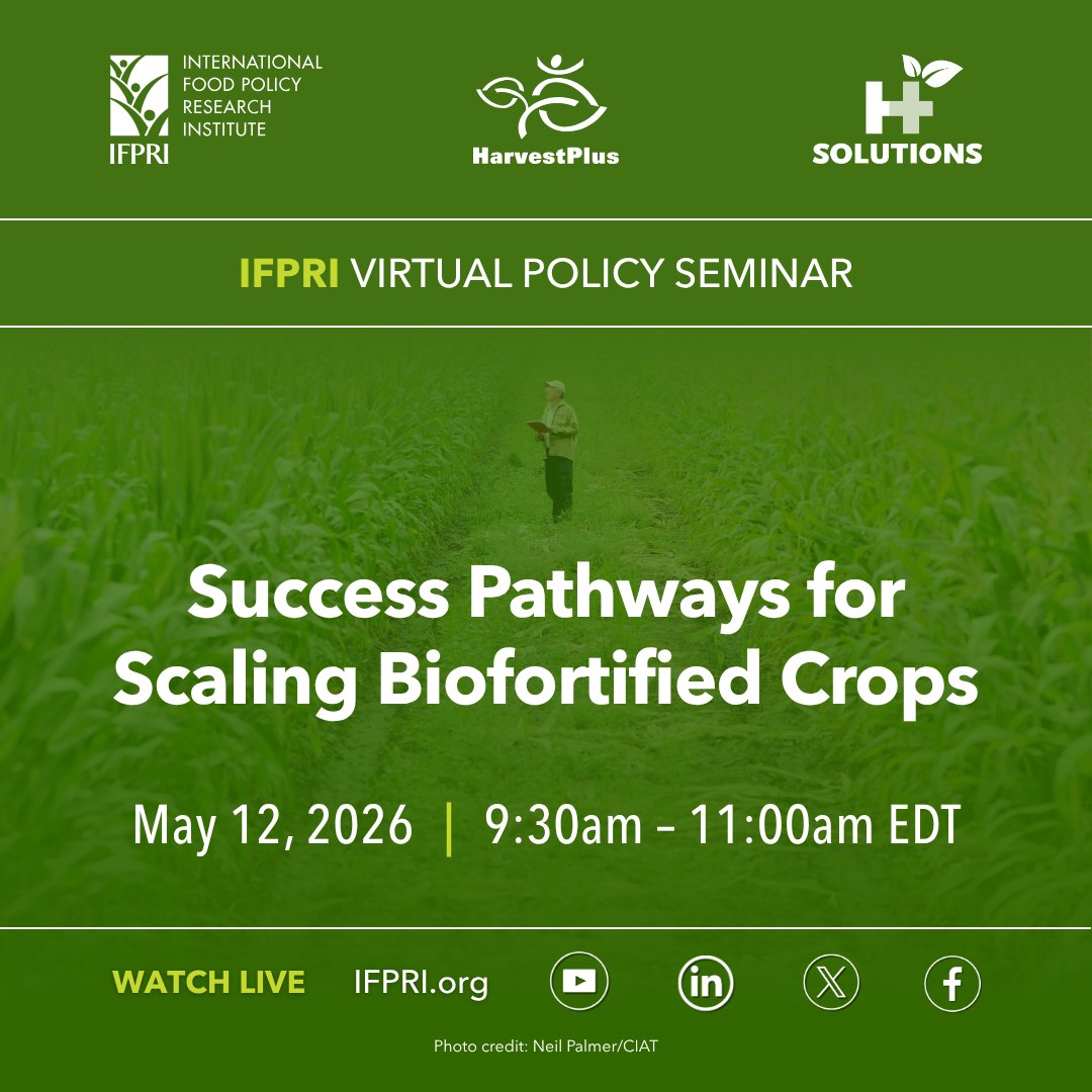 IFPRI's tweet photo. This virtual #IFPRIPolicySeminar on May 12 will examine global progress on reducing micronutrient deficiencies through biofortification, including a detailed look at biofortification in #Nigeria, #Pakistan, and other countries. 🥕🥔🔬🌍

👉🎟️ https://t.co/1vZGPfHTmv  

@CGIAR @HarvestPlus @HarvestPlusSoln @ArunHarvestPlus @BrendaMareri @ResearchWheat @PremierSeedNig