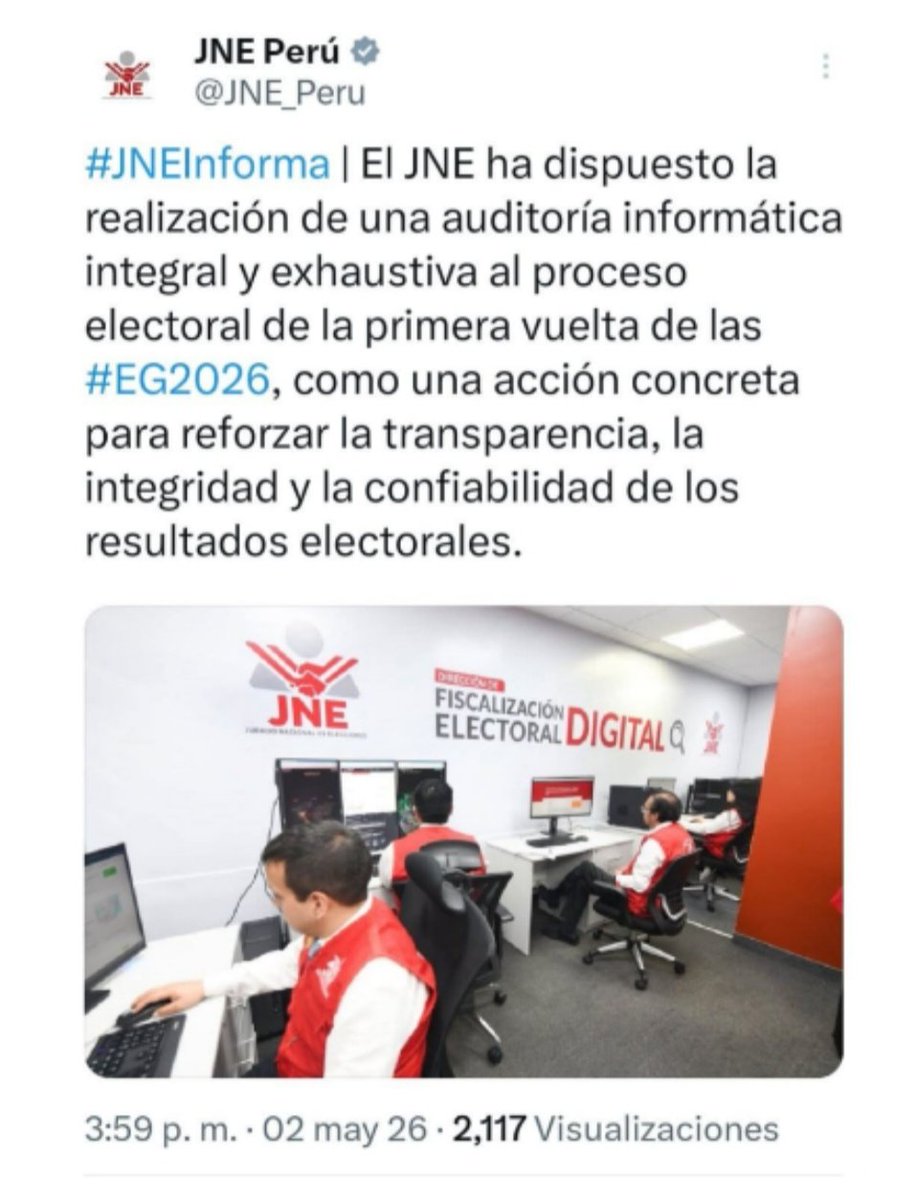 MigSalino's tweet photo. Esta es la publicación del JNE del 02 mayo 2026 comunicando que ha dispuesto la realización de una auditoría al proceso electoral de la primera vuelta.
■ 𝗦𝗨𝗚𝗘𝗥𝗘𝗡𝗖𝗜𝗔: Etiquetar al JNE y a Roberto Burneo y reenviar este post para recordárselos.
@JNE_Peru @robertoburneob https://t.co/CPgHC5Hpwf