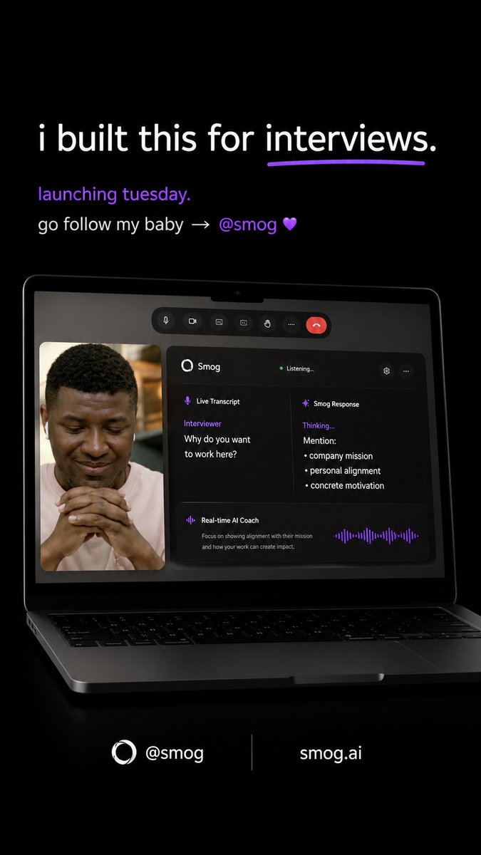 remyengineering's tweet photo. i built an ai that helps you during interviews in real time.

launching tuesday.

follow @smog.ai on instagram if you want early access. https://t.co/Dr6Lx65f15