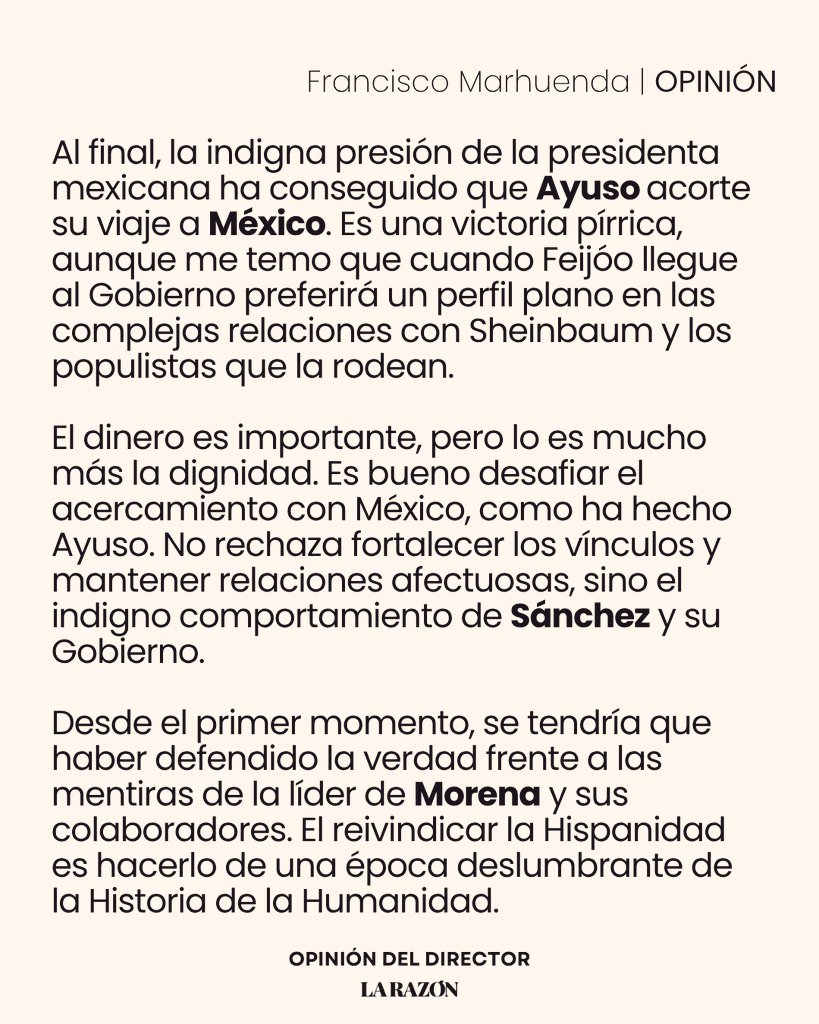 Sumiso, abyecto con <a href="/IdiazAyuso/">Isabel Díaz Ayuso</a>
que es quién paga
sus croquetas, 
el decadente estenógrafo español <a href="/pacomarhuenda/">Francisco Marhuenda</a> 
director de <a href="/larazon_es/">La Razón</a>
llama IGNORANTE a la Presidenta <a href="/Claudiashein/">Claudia Sheinbaum Pardo</a> 

La ultraderecha española 
está furiosa por el FRACASO de la gira por México de una de sus