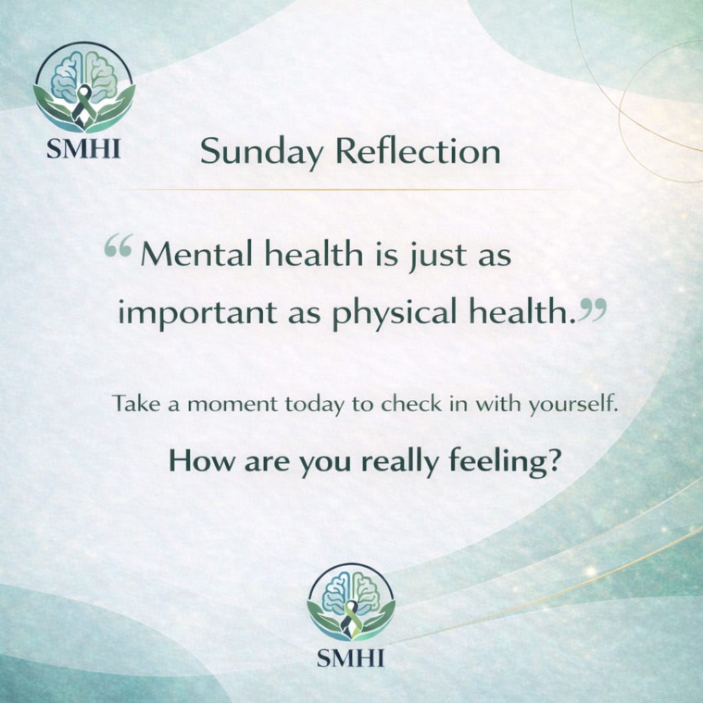SMHInitiative's tweet photo. Sunday reflection 💭
How are you really feeling today?
Your mental wellbeing matters — pause and check in with yourself. 💚
#SundayReflection #SMHI #MentalHealthMatters #MentalHealthAwarenessMonth #HealingMindsEmpoweringLives https://t.co/syuqJ5YqiA