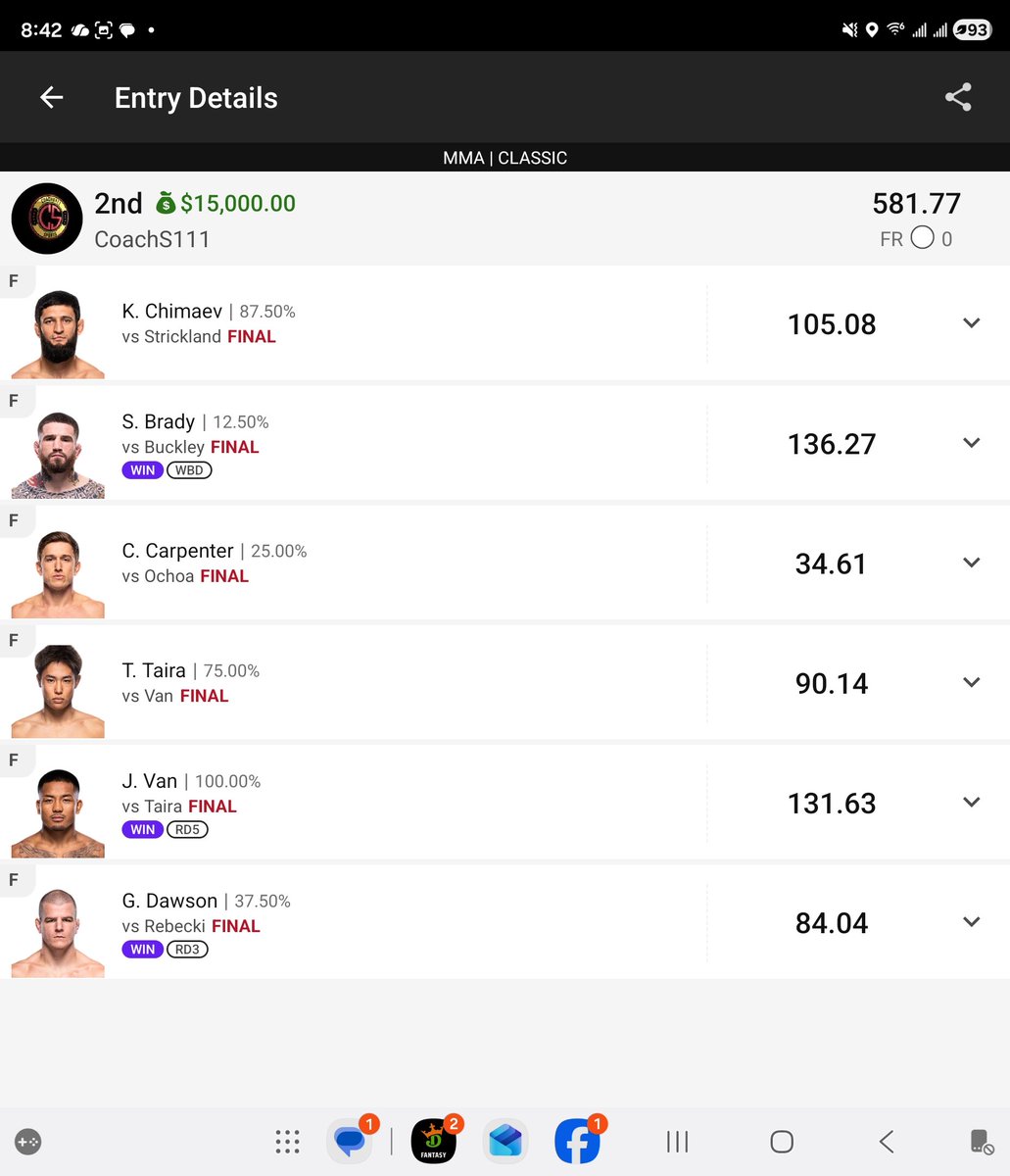 CoachS111's tweet photo. Nice ufc night! This is perfect example of building to your contest type! When you onky have to beat 7 other people you construct lineups different! https://t.co/ZvssUBdtiJ