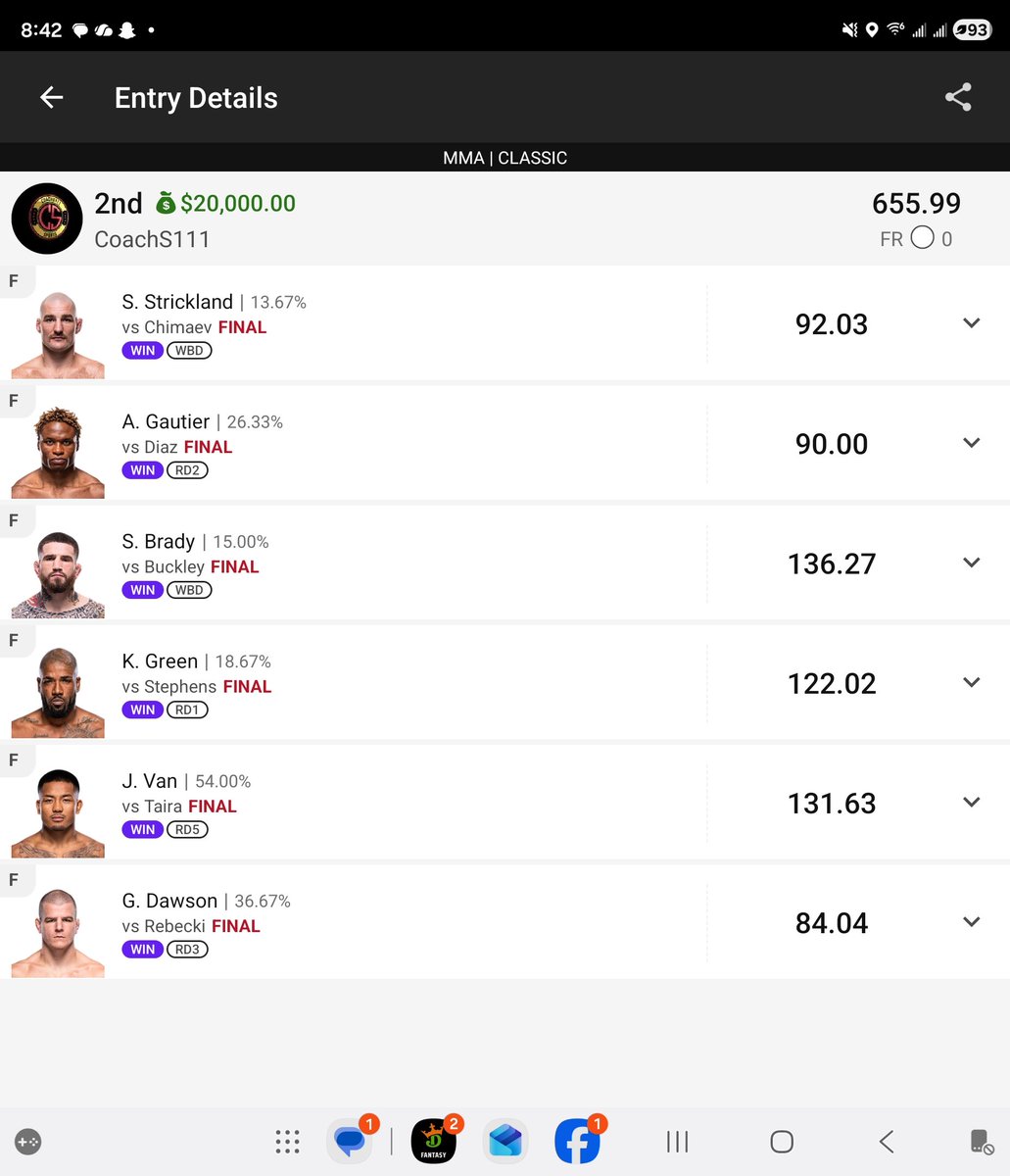 CoachS111's tweet photo. Nice ufc night! This is perfect example of building to your contest type! When you onky have to beat 7 other people you construct lineups different! https://t.co/ZvssUBdtiJ