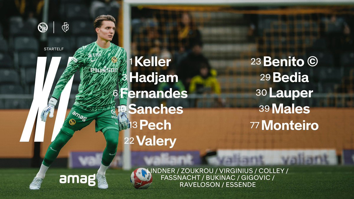 BSC_YB's tweet photo. 📋 𝐔𝐧𝐬𝐞𝐫𝐞 𝐒𝐭𝐚𝐫𝐭𝐞𝐥𝐟 🟡⚫️

YB ohne Wüthrich, Janko (gesperrt), Andrews, Conte, Seiler (verletzt), Mambwa und Marzino (nicht im Aufgebot).

📱Matchcenter: https://t.co/wmeWpcfvTb
📖 Matchprogramm: https://t.co/4z4UOWSz1n https://t.co/WbHopVlsNE