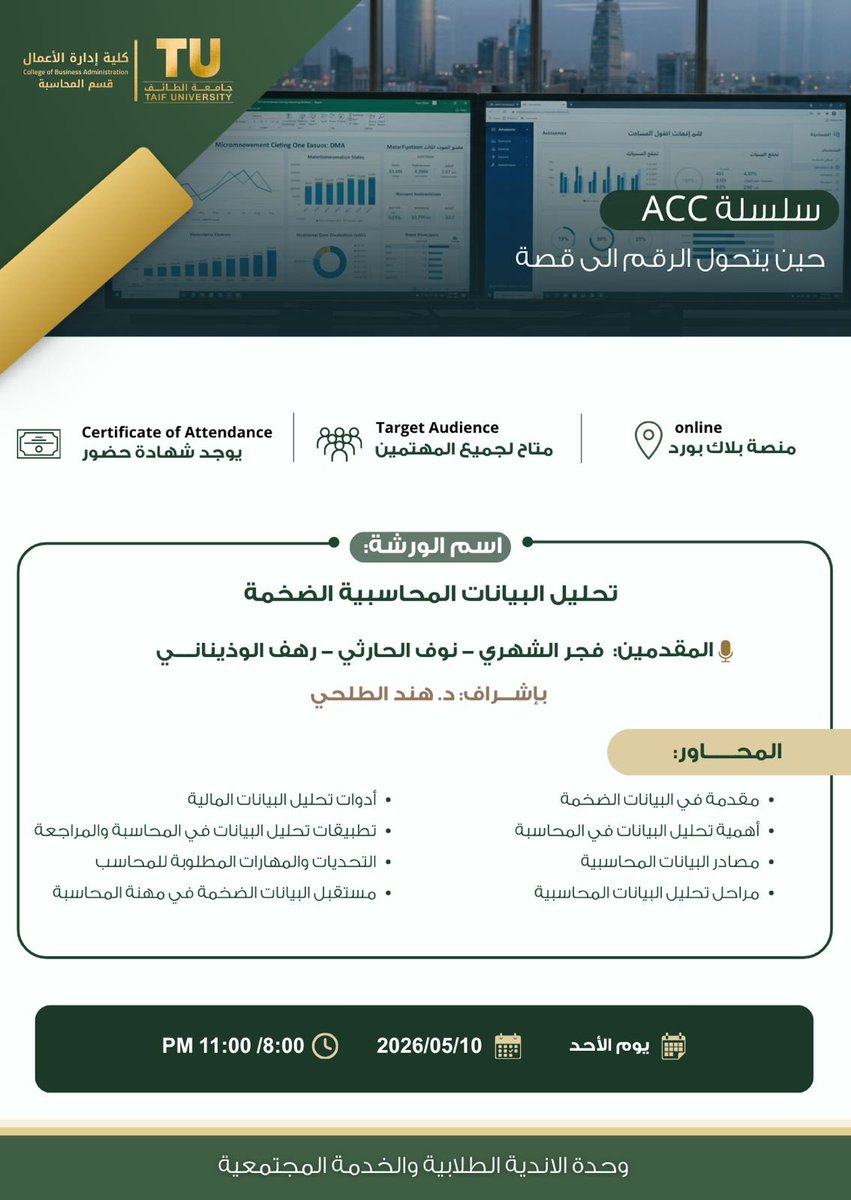 Acctuclub's tweet photo. انضموا إلينا في ورشة:

✨ تحليل البيانات المحاسبية الضخمة ✨
(حين يتحول الرقم إلى قصة) https://t.co/KDoXpt4xD7