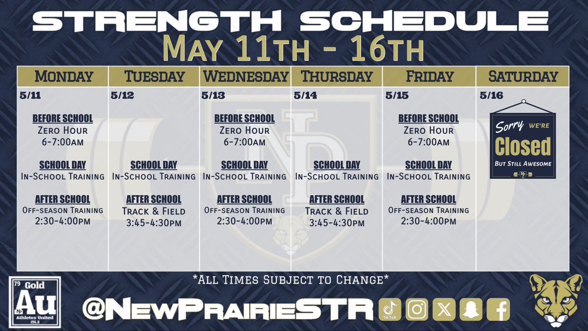 NewPrairieSTR's tweet photo. 𝙎𝙩𝙧𝙚𝙣𝙜𝙩𝙝 𝙎𝙘𝙝𝙚𝙙𝙪𝙡𝙚
May 11th-16th

Last week of normal training before we finish out the school year with our final round of Combine Testing. 
Keep IMPROVING &amp; FINISH STRONG

MWF Zero Hour  
MWF After School
#GoldStandard #United #NPAu https://t.co/7UoHppKaNk