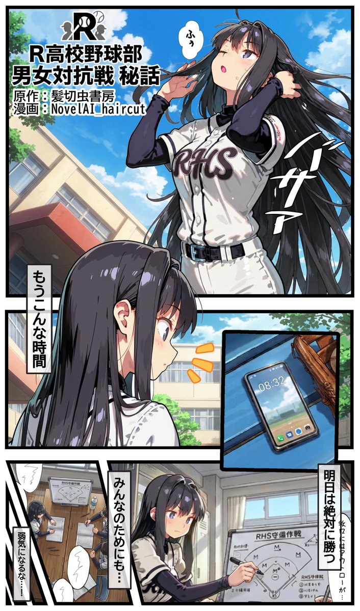 NovelAI_haircut's tweet photo. みんなは髪切虫電脳支店(@KamikiriDen)さんを知ってるよね？
二次元断髪好きな俺にとっては、生ける伝説のような方です。
その髪切虫電脳支店さんが書かれた小説に、『Ｒ高校野球部男女対抗戦秘話』という作品があ���ます。
これは俺が子どもの頃からずっと大好きで、今でも本当に好きな作品です。 https://t.co/Uz1JFvEqPm