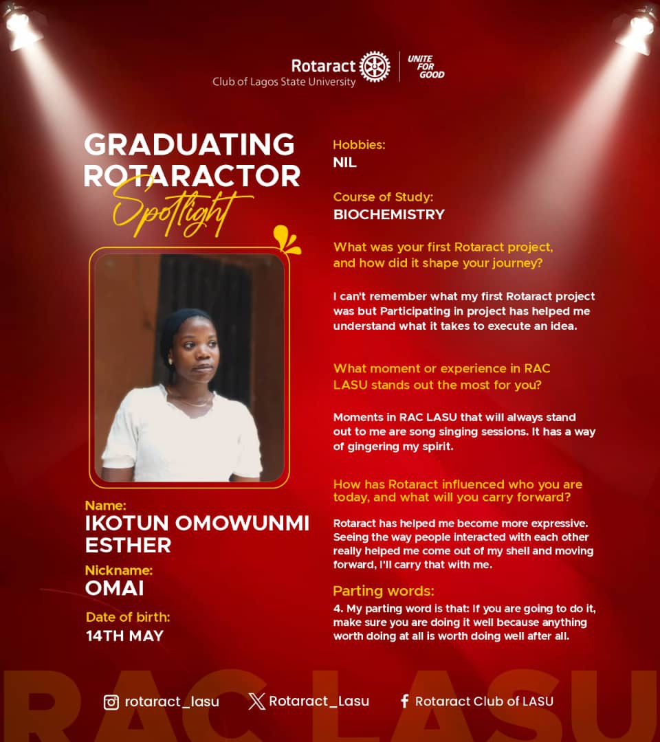 Rotaract_Lasu's tweet photo. Cheers to Rtr. Ikotun Omowunmi Esther (OMAI) ✨

Every journey leaves a mark, and yours has been filled with service, consistency, and beautiful impact within RAC LASU 💙

Wishing you success and greater achievements in this new chapter ❤️💛 https://t.co/LMazXCxF5d