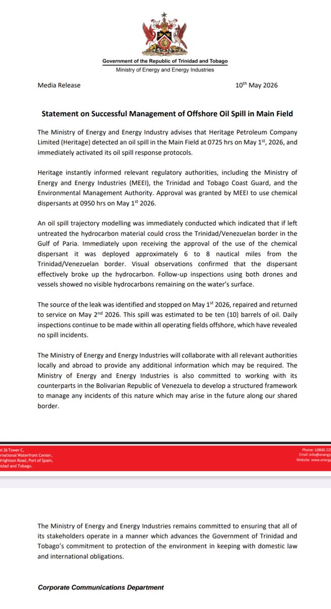 I guess we have Venezuela to thank for alerting Trinidad and Tobago that there was an oil spill. According to this it happened on May 1st and Heritage said nothing