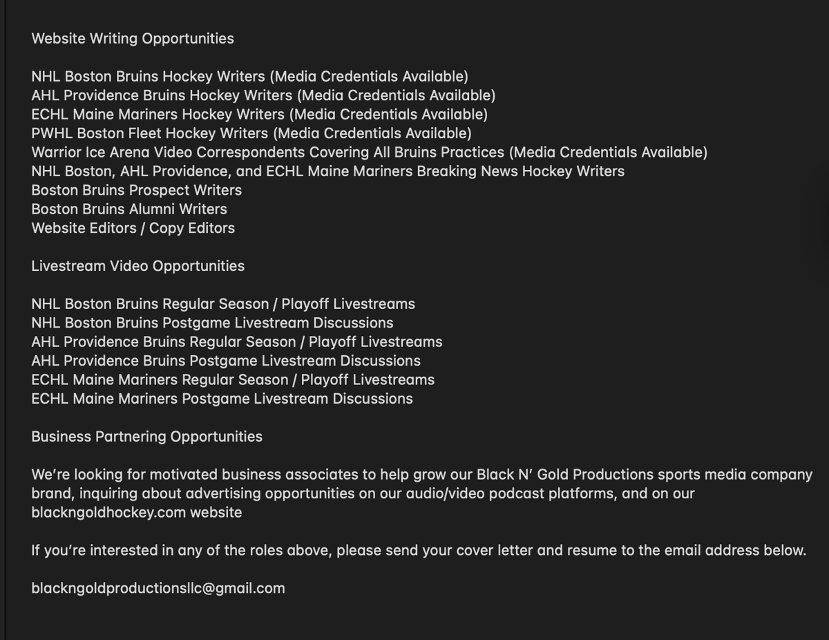 BNGProductions's tweet photo. Our sports media company is looking to add motivated content creators who’d like to cover all levels of the Boston Bruins organization. 
If you’re interested in one of our open positions below, please DM us for more details. 
#NHLBruins #AHLBruins #ECHLMaineMariners #BostonFleet https://t.co/shDLeC04Cz