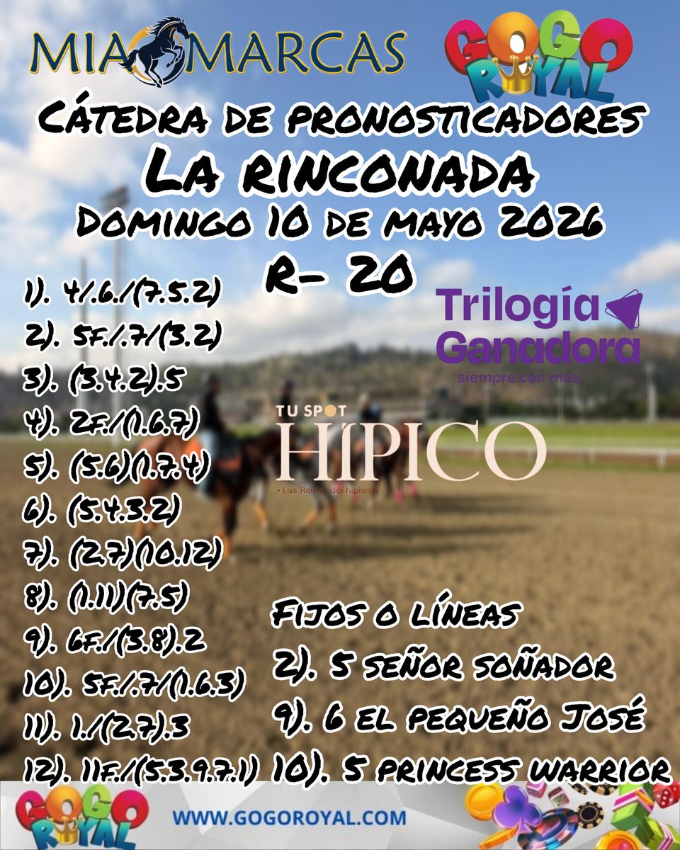 MiaMarcas's tweet photo. #Hipismo #LaRinconada
#MiaMarcas
Cátedra de Pronosticadores
Domingo 10May2026
La Cátedra llega a ustedes por cortesía de
#TuSpotHipico
#TrilogiaGanadora
#GOGOROYAL https://t.co/RRa3qcn4Jd